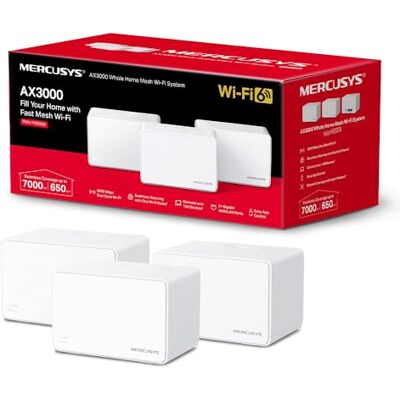 MERCUSYS Halo H3000X(3-Pack) Router Mesh WiFi 6 AX3000, Dual Band 2 4Ghz/5Ghz, 3X porty Gigabit, Zasięg do 650m², MU-MIMO,OFDMA, 1024-QAM MERCUSYS Halo H3000X(3-Pack) Router Mesh WiFi 6 AX3000, Dual Band 2 4Ghz/5Ghz, 3X porty Gigabit, Zasięg do 650m², MU-MIMO,OFDMA, 1024-QAM
