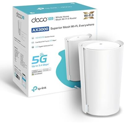 TP-Link Deco X3000-5G Router z SIM, 5G Mesh WiFi 6, AX3000 Mb/s, dwuzakresowy modem, ultraszybki modem o prędkości do 3,4 Gb/s, port WAN/LAN 2,5 Gb/s, Alexa, Plug&Play TP-Link Deco X3000-5G Router z SIM, 5G Mesh WiFi 6, AX3000 Mb/s, dwuzakresowy modem, ultraszybki modem o prędkości do 3,4 Gb/s, port WAN/LAN 2,5 Gb/s, Alexa, Plug&Play