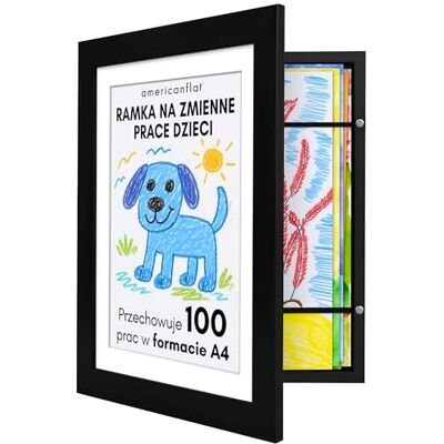 Americanflat otwierana z przodu czarna ramka artystyczna na rysunki dzieci, na prace plastyczne i laurki w formacie A4 z wkładką passe-partout lub 25,5 x 32 cm bez wkładki Americanflat otwierana z przodu czarna ramka artystyczna na rysunki dzieci, na prace plastyczne i laurki w formacie A4 z wkładką passe-partout lub 25,5 x 32 cm bez wkładki