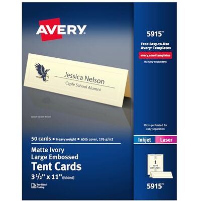 Avery Duże wytłaczane karty namiotowe z kości słoniowej, drukarki laserowe/atramentowe, 3-1/2x11, opakowanie 50 sztuk (5915) Avery Duże wytłaczane karty namiotowe z kości słoniowej, drukarki laserowe/atramentowe, 3-1/2x11, opakowanie 50 sztuk (5915)