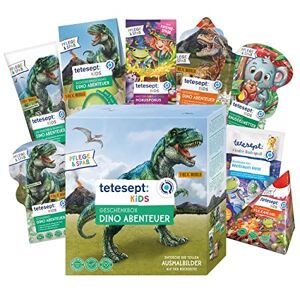 tetesept Kids pudełko prezentowe Dino Abenteuer – zestaw upominkowy dla dzieci z kąpielą bąbelkową, kąpielą bąbelkową, niespodzianką i prysznicem dla dzieci, dodatki do kąpieli z formułą pielęgnacyjną