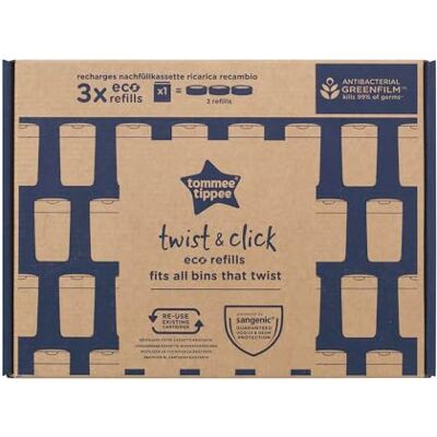 Tommee Tippee Ekologiczne wkłady do koszów Twist & Click, antybakteryjne i trwałe GREENFILM, kompaktowe i ekologiczne opakowanie, zestaw 3 szt Tommee Tippee Ekologiczne wkłady do koszów Twist & Click, antybakteryjne i trwałe GREENFILM, kompaktowe i ekologiczne opakowanie, zestaw 3 szt