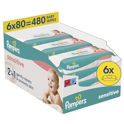 Pampers Sensitive Chusteczki nawilżane dla dzieci, 6 opakowania po 80 chusteczek = 480 chusteczek, bezzapachowe, do delikatnego oczyszczania Pampers Sensitive Chusteczki nawilżane dla dzieci, 6 opakowania po 80 chusteczek = 480 chusteczek, bezzapachowe, do delikatnego oczyszczania