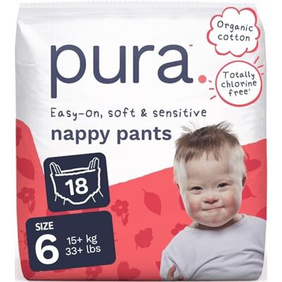 Pura Pieluchy ekologiczne majtki rozmiar 6 (15 kg+), 18 pieluch, jednorazowe majtki pieluchy dla skóry wrażliwej i podatnej na alergie, hipoalergiczne, bezzapachowe, łatwe do oderwania po bokach Pura Pieluchy ekologiczne majtki rozmiar 6 (15 kg+), 18 pieluch, jednorazowe majtki pieluchy dla skóry wrażliwej i podatnej na alergie, hipoalergiczne, bezzapachowe, łatwe do oderwania po bokach