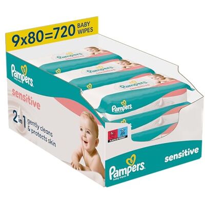 Pampers Sensitive Chusteczki Nawilżane Dla Dzieci, 9x80 = 720 szt. 2 w 1 Łagodne Oczyszczanie i Ochrona Skóry Pampers Sensitive Chusteczki Nawilżane Dla Dzieci, 9x80 = 720 szt. 2 w 1 Łagodne Oczyszczanie i Ochrona Skóry
