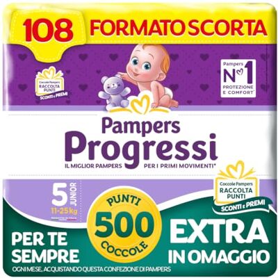 Pampers Progressi Junior + 500 punktów Dodatkowe przytulanie, rozmiar 5 (11-25 kg), 108 pieluch (rozmiar zapasowy) Pampers Progressi Junior + 500 punktów Dodatkowe przytulanie, rozmiar 5 (11-25 kg), 108 pieluch (rozmiar zapasowy)