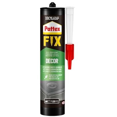 Pattex Fix Decor, ekologiczny klej montażowy, wytrzymały klej do sztukaterii, rozet, styropianu i elementów wykończeniowych, wodna dyspersja akrylowa do kamienia dekoracyjnego, kartusz 1x380g Pattex Fix Decor, ekologiczny klej montażowy, wytrzymały klej do sztukaterii, rozet, styropianu i elementów wykończeniowych, wodna dyspersja akrylowa do kamienia dekoracyjnego, kartusz 1x380g