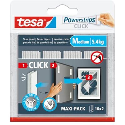 tesa Powerstrips CLICK samoprzylepne haczyki do zawieszania ramek i dekoracji ściennych bez wiercenia, samoprzylepne paski z systemem zatrzasków i odłączania ON i OFF, średni 16 x 2 szt Samoprzylepne podkładki na rzep do mocowania i demontażu ramek i de tesa Powerstrips CLICK samoprzylepne haczyki do zawieszania ramek i dekoracji ściennych bez wiercenia, samoprzylepne paski z systemem zatrzasków i odłączania ON i OFF, średni 16 x 2 szt Samoprzylepne podkładki na rzep do mocowania i demontażu ramek i de