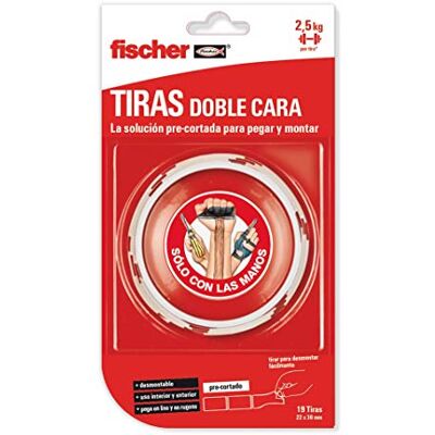 Fischer SCLM Dwustronna taśma klejąca i montażowa, wstępnie przycięta do klejenia bez wiercenia na ścianie, elastyczny materiał i łatwa aplikacja, 19 sztuk Fischer SCLM Dwustronna taśma klejąca i montażowa, wstępnie przycięta do klejenia bez wiercenia na ścianie, elastyczny materiał i łatwa aplikacja, 19 sztuk