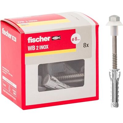 Fischer WB 2 nierdzewne kołki do toalety i bidetu podłogowego z pionowym otworem, 8 sztuk, śruba ze stali nierdzewnej AISI 430 i niklowana nakrętka Fischer WB 2 nierdzewne kołki do toalety i bidetu podłogowego z pionowym otworem, 8 sztuk, śruba ze stali nierdzewnej AISI 430 i niklowana nakrętka