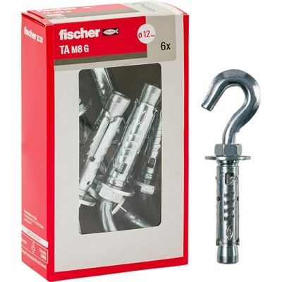 Fischer 71257 Tasselli Acciaio Con, Diametro kołek stalowy TA M 8 z haczykiem, średnica 12 mm, stal, M8 + gancio Fischer 71257 Tasselli Acciaio Con, Diametro kołek stalowy TA M 8 z haczykiem, średnica 12 mm, stal, M8 + gancio