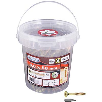 Connex Śruby uniwersalne 4,0 x 50 mm 425 sztuk w zestawie łeb stożkowy napęd TX gwint częściowy żółty ocynkowany w zestawie bit/zestaw śrub/wiadro na śruby / B30082 Connex Śruby uniwersalne 4,0 x 50 mm 425 sztuk w zestawie łeb stożkowy napęd TX gwint częściowy żółty ocynkowany w zestawie bit/zestaw śrub/wiadro na śruby / B30082