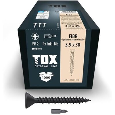 TOX Wkręty do płyt gipsowo-kartonowych FIBR 3,9 x 30 mm, magazowane do szybkiego montażu za pomocą śrubokręta magazynowego, gwint HiLo do konstrukcji metalowych i drewnianych, 1000 sztuk w kartonie, TOX Wkręty do płyt gipsowo-kartonowych FIBR 3,9 x 30 mm, magazowane do szybkiego montażu za pomocą śrubokręta magazynowego, gwint HiLo do konstrukcji metalowych i drewnianych, 1000 sztuk w kartonie,