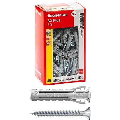 Fischer 100 kołków SX Plus ze śrubą 6x30 mm do pełnej ściany, perforowanej cegły, muru, betonu, do mocowania żyrandoli, mebli, szafek ściennych, półek, 567621 Fischer 100 kołków SX Plus ze śrubą 6x30 mm do pełnej ściany, perforowanej cegły, muru, betonu, do mocowania żyrandoli, mebli, szafek ściennych, półek, 567621