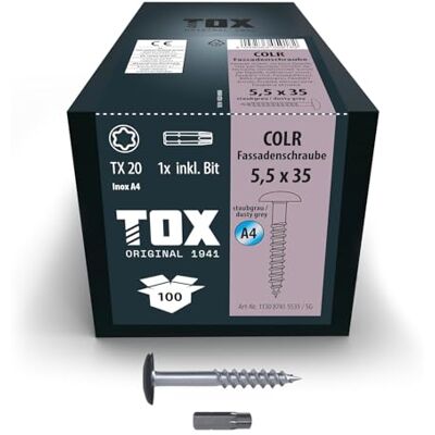 TOX Śruby elewacyjne COLR 5,5 x 35 mm, śruby do płytek elewacyjnych ze stali nierdzewnej A4 z kolorową głowicą talerzową, odporne na korozję i promieniowanie UV, 100 sztuk w kartonie, w zestawie 1 x TOX Śruby elewacyjne COLR 5,5 x 35 mm, śruby do płytek elewacyjnych ze stali nierdzewnej A4 z kolorową głowicą talerzową, odporne na korozję i promieniowanie UV, 100 sztuk w kartonie, w zestawie 1 x