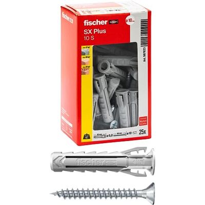 Fischer 25 kołków SX Plus ze śrubą 10x50 mm do pełnej ściany, perforowanej cegły, muru, betonu, do mocowania żyrandoli, mebli, szafek ściennych, półek, 567623 Fischer 25 kołków SX Plus ze śrubą 10x50 mm do pełnej ściany, perforowanej cegły, muru, betonu, do mocowania żyrandoli, mebli, szafek ściennych, półek, 567623