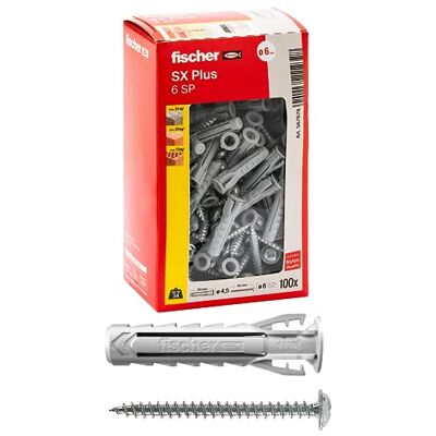 Fischer 100 kołków SX Plus SP ze śrubą cylindryczną 6 x 30 mm do pełnej ściany, cegła wiercona, mur, beton, do mocowania żyrandoli, mebli, szafek wiszących, półek, 567628 Fischer 100 kołków SX Plus SP ze śrubą cylindryczną 6 x 30 mm do pełnej ściany, cegła wiercona, mur, beton, do mocowania żyrandoli, mebli, szafek wiszących, półek, 567628