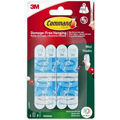 Command Mini haczyki zewnętrzne, 6 mini haczyków i 8 małych pasków samoprzylepnych, przezroczyste, bez uszkodzeń Command Mini haczyki zewnętrzne, 6 mini haczyków i 8 małych pasków samoprzylepnych, przezroczyste, bez uszkodzeń
