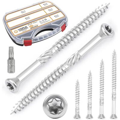 VIGRUE Śruby tarasowe 5 x 60 300 sztuk zestaw śrub do desek 5 x 40 mm, 5 x 50 mm, 5 x 60 mm, 5 x 70 mm, stal szlachetna hartowana śruba C1, Torx 25, w zestawie bit ze stali nierdzewnej VIGRUE Śruby tarasowe 5 x 60 300 sztuk zestaw śrub do desek 5 x 40 mm, 5 x 50 mm, 5 x 60 mm, 5 x 70 mm, stal szlachetna hartowana śruba C1, Torx 25, w zestawie bit ze stali nierdzewnej