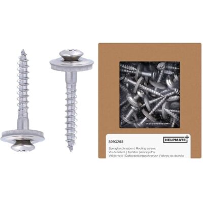 HELPMATE Śruby blacharskie 4,5 x 35 mm, 150 sztuk, DIN 7995, stal nierdzewna A2, T20, śruby dekarskie, łeb zakrzywiony, z płaską podkładką i podkładką uszczelniającą EPDM, srebrna, 4,5 x 35 mm HELPMATE Śruby blacharskie 4,5 x 35 mm, 150 sztuk, DIN 7995, stal nierdzewna A2, T20, śruby dekarskie, łeb zakrzywiony, z płaską podkładką i podkładką uszczelniającą EPDM, srebrna, 4,5 x 35 mm
