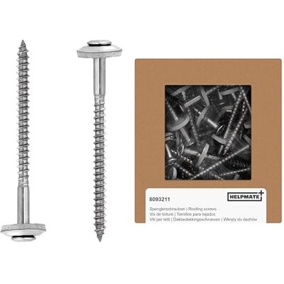HELPMATE Śruby blacharskie 4,5 x 65 mm, 50 sztuk, DIN 7995, stal nierdzewna A2, T20, śruby dekarskie, łeb zakrzywiony, z płaską podkładką i podkładką uszczelniającą EPDM, srebrna, 4,5 x 65 mm HELPMATE Śruby blacharskie 4,5 x 65 mm, 50 sztuk, DIN 7995, stal nierdzewna A2, T20, śruby dekarskie, łeb zakrzywiony, z płaską podkładką i podkładką uszczelniającą EPDM, srebrna, 4,5 x 65 mm