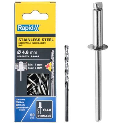 Rapid Nity zrywalne ze stali nierdzewnej Ø 4,8 mm, zakres zacisku 4-7 mm, 50 szt. nitów V2A, zestaw z wiertłem, do szczypiec nitowych Rapid Nity zrywalne ze stali nierdzewnej Ø 4,8 mm, zakres zacisku 4-7 mm, 50 szt. nitów V2A, zestaw z wiertłem, do szczypiec nitowych