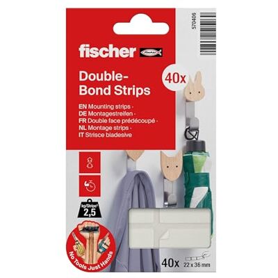 Fischer 570406 Paski montażowe, dwustronne paski klejące, mocna taśma klejąca, łatwe do usunięcia, zawieszenie bez wiercenia lub wkręcania, do obrazów, dekoracji, haczyków itp. (40 pasków) Fischer 570406 Paski montażowe, dwustronne paski klejące, mocna taśma klejąca, łatwe do usunięcia, zawieszenie bez wiercenia lub wkręcania, do obrazów, dekoracji, haczyków itp. (40 pasków)