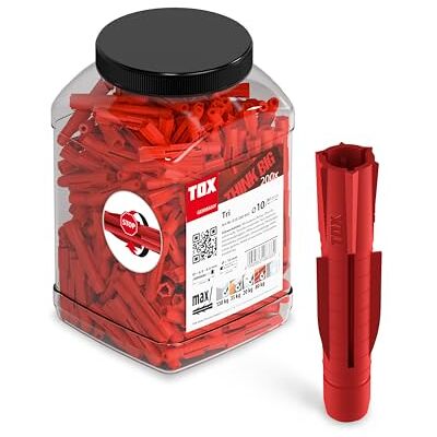 TOX Kołek uniwersalny TRI 10 x 61mm w dużym opakowaniu, kołek do prawie wszystkich materiałów budowlanych, 200 sztuk w uniwersalnej i nietłukącej się okrągłej puszce, 2500 ml, 010260003 TOX Kołek uniwersalny TRI 10 x 61mm w dużym opakowaniu, kołek do prawie wszystkich materiałów budowlanych, 200 sztuk w uniwersalnej i nietłukącej się okrągłej puszce, 2500 ml, 010260003