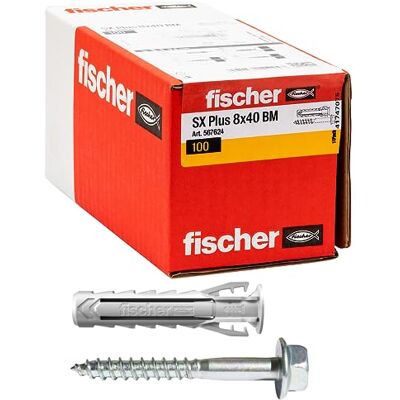 Fischer 100 kołków SX Plus BM ze śrubą sześciokątną 8x40 mm do pełnej ściany, perforowanej cegły, muru, betonu, do mocowania żyrandoli, mebli, szafek ściennych, półek, 567624 Fischer 100 kołków SX Plus BM ze śrubą sześciokątną 8x40 mm do pełnej ściany, perforowanej cegły, muru, betonu, do mocowania żyrandoli, mebli, szafek ściennych, półek, 567624