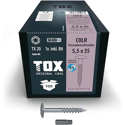TOX Śruby elewacyjne COLR 5,5 x 35 mm, śruby do płytek elewacyjnych ze stali nierdzewnej A4 z kolorową głowicą talerzową, odporne na korozję i promieniowanie UV, 100 sztuk w kartonie, w zestawie 1 x TOX Śruby elewacyjne COLR 5,5 x 35 mm, śruby do płytek elewacyjnych ze stali nierdzewnej A4 z kolorową głowicą talerzową, odporne na korozję i promieniowanie UV, 100 sztuk w kartonie, w zestawie 1 x