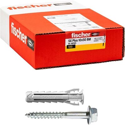 Fischer 100 kołków SX Plus BM ze śrubą z łbem sześciokątnym 10 x 50 mm do pełnej ściany, cegła wiercona, mur, beton, do mocowania żyrandoli, mebli, szafek wiszących, półek, 567625 Fischer 100 kołków SX Plus BM ze śrubą z łbem sześciokątnym 10 x 50 mm do pełnej ściany, cegła wiercona, mur, beton, do mocowania żyrandoli, mebli, szafek wiszących, półek, 567625
