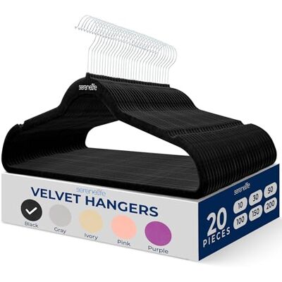 SereneLife Velvet Hangers 20 Pcs, Non Slip, Heavy Duty Hanger Set with 360° Swivel Hook, Smooth Velvet Finish to Protect Fabric, Lightweight, Ultra Thin Design for Coats and Other Clothes (Black) SereneLife Velvet Hangers 20 Pcs, Non Slip, Heavy Duty Hanger Set with 360° Swivel Hook, Smooth Velvet Finish to Protect Fabric, Lightweight, Ultra Thin Design for Coats and Other Clothes (Black)