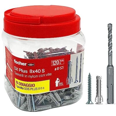 Fischer Propack SX Plus 8 S, 120 kołków 8x40 ze śrubą + wiertło SDS 8 mm, wielokrotnego użytku, do mocowania na betonie i murze 570208 Fischer Propack SX Plus 8 S, 120 kołków 8x40 ze śrubą + wiertło SDS 8 mm, wielokrotnego użytku, do mocowania na betonie i murze 570208