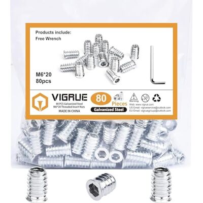 VIGRUE Nakrętka wkręcana M6 x 20 mm, wkładka gwintowana drewno 80 sztuk mufy wkręcane gniazdo sześciokątne do mebli drewnianych wkładka gwintowana nakrętki sześciokątne sześciokątne z ocynkowanej VIGRUE Nakrętka wkręcana M6 x 20 mm, wkładka gwintowana drewno 80 sztuk mufy wkręcane gniazdo sześciokątne do mebli drewnianych wkładka gwintowana nakrętki sześciokątne sześciokątne z ocynkowanej