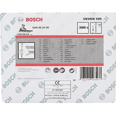 Bosch Professional 3000x gwoździe w kształcie litery D SN34DK 50R (34°, powlekane żywicą, 2,8 mm, 50 mm, rowkowane, puste, akcesoria do pistoletów do paznokci, gwoździarki pneumatyczne) Bosch Professional 3000x gwoździe w kształcie litery D SN34DK 50R (34°, powlekane żywicą, 2,8 mm, 50 mm, rowkowane, puste, akcesoria do pistoletów do paznokci, gwoździarki pneumatyczne)