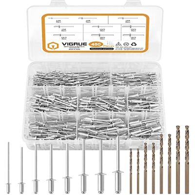 VIGRUE 480-częściowy zestaw nitów zrywalnych i 8 wierteł HSS, aluminium, stal nity popnity, asortyment 2,4 mm, 3,2 mm, 4,0 mm i 4,8 mm do łączenia wszystkich rodzajów cienkich materiałów do maszyn VIGRUE 480-częściowy zestaw nitów zrywalnych i 8 wierteł HSS, aluminium, stal nity popnity, asortyment 2,4 mm, 3,2 mm, 4,0 mm i 4,8 mm do łączenia wszystkich rodzajów cienkich materiałów do maszyn
