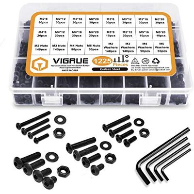 VIGRUE 1225-częściowy zestaw śrub cylindrycznych ze stali węglowej M2 M3 M4 M5 z łbem soczewkowym z łbem sześciokątnym z nakrętkami, podkładkami i kluczami imbusowymi w skrzynce asortymentowej VIGRUE 1225-częściowy zestaw śrub cylindrycznych ze stali węglowej M2 M3 M4 M5 z łbem soczewkowym z łbem sześciokątnym z nakrętkami, podkładkami i kluczami imbusowymi w skrzynce asortymentowej