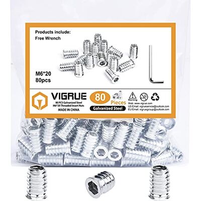 VIGRUE Nakrętka wkręcana M6 x 20 mm, wkładka gwintowana drewno 80 sztuk mufy wkręcane gniazdo sześciokątne do mebli drewnianych wkładka gwintowana nakrętki sześciokątne sześciokątne z ocynkowanej VIGRUE Nakrętka wkręcana M6 x 20 mm, wkładka gwintowana drewno 80 sztuk mufy wkręcane gniazdo sześciokątne do mebli drewnianych wkładka gwintowana nakrętki sześciokątne sześciokątne z ocynkowanej