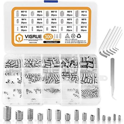 VIGRUE Zestaw 300 sztuk śrub nastawnych, M2,5, M3, M4, M5, M6, M8, z łbem sześciokątnym, z kluczem płaskim VIGRUE Zestaw 300 sztuk śrub nastawnych, M2,5, M3, M4, M5, M6, M8, z łbem sześciokątnym, z kluczem płaskim