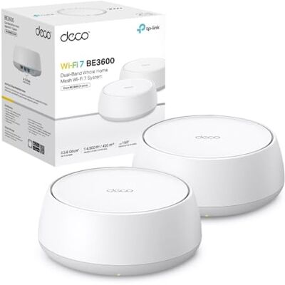 TP-Link Deco BE3600 Wi-Fi 7 Mesh WLAN (2-pak), router i repeater 3,6 Gb/s WLAN, 2 x port Gigabit na jednostkę, MLO, WPA3, VPN, zabezpieczenie przed dziećmi, zalecany do domów z 2-3 sypialniami TP-Link Deco BE3600 Wi-Fi 7 Mesh WLAN (2-pak), router i repeater 3,6 Gb/s WLAN, 2 x port Gigabit na jednostkę, MLO, WPA3, VPN, zabezpieczenie przed dziećmi, zalecany do domów z 2-3 sypialniami