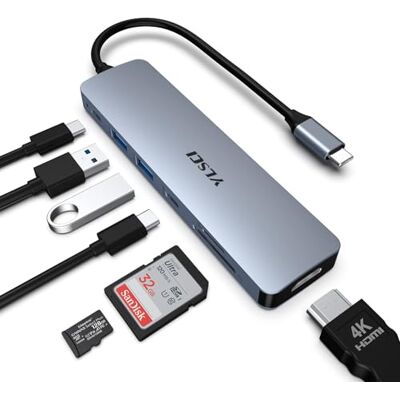 YLSCI Hub USB C, 7 w 1, adapter USB C z 4K 30 Hz HDMI, 100 W PD, 1 USB C, 2 czytniki kart SD/TF, kompatybilny z MacBook, iPad, Surface Pro 8/7, Galaxy Tab i innymi urządzeniami typu C YLSCI Hub USB C, 7 w 1, adapter USB C z 4K 30 Hz HDMI, 100 W PD, 1 USB C, 2 czytniki kart SD/TF, kompatybilny z MacBook, iPad, Surface Pro 8/7, Galaxy Tab i innymi urządzeniami typu C