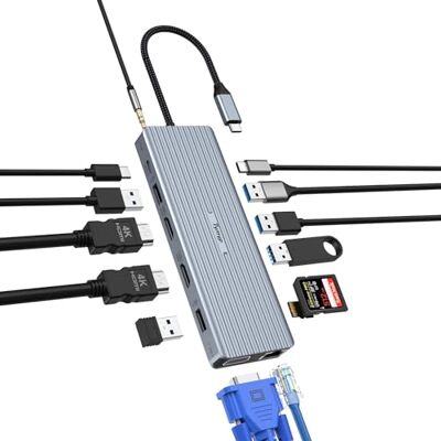 Tymyp Stacja dokująca USB C, koncentrator 14 w 1, 2 x 4K HDMI, VGA, Gigabit Ethernet, 100 W PD, USB A 3.1, USB C 3.1, 4 x USB A 2.0, czytnik kart SD/TF, audio/mikrofon, kompatybilna z Windows 10, 8, Tymyp Stacja dokująca USB C, koncentrator 14 w 1, 2 x 4K HDMI, VGA, Gigabit Ethernet, 100 W PD, USB A 3.1, USB C 3.1, 4 x USB A 2.0, czytnik kart SD/TF, audio/mikrofon, kompatybilna z Windows 10, 8,