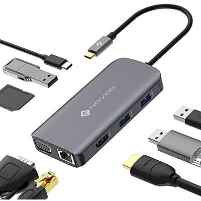 NOVOO USB C 9 w 1 Adapter, Stacja dokująca z dwoma wyświetlaczami (4K HDMI i VGA) Koncentrator USB C z Ethernetem 1 Gb/s, 3 x USB 3.0, czytnik kart SD/Micro SD, złącze zasilania typu C 100W PD NOVOO USB C 9 w 1 Adapter, Stacja dokująca z dwoma wyświetlaczami (4K HDMI i VGA) Koncentrator USB C z Ethernetem 1 Gb/s, 3 x USB 3.0, czytnik kart SD/Micro SD, złącze zasilania typu C 100W PD