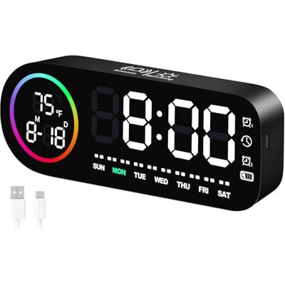 Vinabo Cyfrowy budzik LED, 7 kolorów, cyfrowy zegar z wyświetlaczem temperatury, 5 poziomów jasności, podwójny alarm, drzemka, USB, 12/24 h budzik świetlny dla dzieci i dorosłych (czarny) Vinabo Cyfrowy budzik LED, 7 kolorów, cyfrowy zegar z wyświetlaczem temperatury, 5 poziomów jasności, podwójny alarm, drzemka, USB, 12/24 h budzik świetlny dla dzieci i dorosłych (czarny)