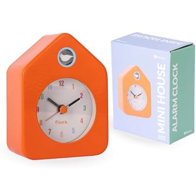 FISURA – Mini budzik w kształcie domku, pomarańczowy. Cichy zegar analogowy bez tykania. Kompaktowy alarm o oryginalnym designie. Wymiary: 9,7x7,3x4,5 cm. 1 bateria AA. FISURA – Mini budzik w kształcie domku, pomarańczowy. Cichy zegar analogowy bez tykania. Kompaktowy alarm o oryginalnym designie. Wymiary: 9,7x7,3x4,5 cm. 1 bateria AA.