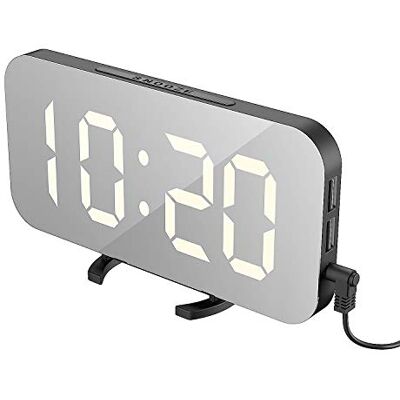 EXTSUD Cyfrowy budzik LED, lustrzany, z 3 stopniami jasności, możliwość ściemniania, alarm, budzik, zegar stołowy, podróżny, z dużym ekranem 12/24 h, złącze USB do smartfona EXTSUD Cyfrowy budzik LED, lustrzany, z 3 stopniami jasności, możliwość ściemniania, alarm, budzik, zegar stołowy, podróżny, z dużym ekranem 12/24 h, złącze USB do smartfona