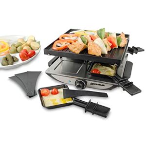 Swissmar Geneva Raclette grill do raclette dla 4 osób, z patelniami i suwakami, mini grill raclette z płytą grillową z powłoką zapobiegającą przywieraniu i 4 patelniami do raclette, 800 W Swissmar Geneva Raclette grill do raclette dla 4 osób, z patelniami i suwakami, mini grill raclette z płytą grillową z powłoką zapobiegającą przywieraniu i 4 patelniami do raclette, 800 W