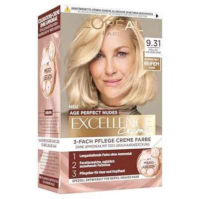 L'Oreal Paris L'Oréal Paris Excellence Creme Age Perfect Nudes 9.31 jasny złoty blond, trwała farba do włosów, trwała koloryzacja włosów, 100% pokrycia siwu, do dojrzałych i cienkich włosów, 1 sztuka L'Oreal Paris L'Oréal Paris Excellence Creme Age Perfect Nudes 9.31 jasny złoty blond, trwała farba do włosów, trwała koloryzacja włosów, 100% pokrycia siwu, do dojrzałych i cienkich włosów, 1 sztuka