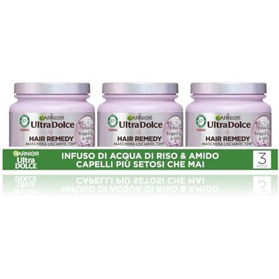 Garnier Ultra słodki napar z wody ryżowej i skrobi, Multi Pack x3 wygładzająca maska, 97% pochodzenia naturalnego, 1 minuty pozowania, długie włosy, bez silikonu, 340 ml Garnier Ultra słodki napar z wody ryżowej i skrobi, Multi Pack x3 wygładzająca maska, 97% pochodzenia naturalnego, 1 minuty pozowania, długie włosy, bez silikonu, 340 ml