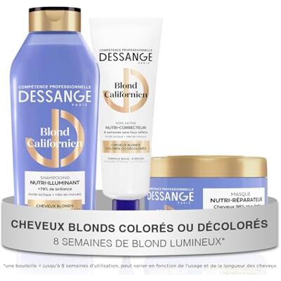 Dessange California Blond Nutri-Korektor Rutyna Szampon 280 ml + Maska 280 ml + Pielęgnacja niebieskiej patyny 140 ml Odżywia i rozjaśnia blond Włosy blond, farbowane lub rozjaśniane Dessange California Blond Nutri-Korektor Rutyna Szampon 280 ml + Maska 280 ml + Pielęgnacja niebieskiej patyny 140 ml Odżywia i rozjaśnia blond Włosy blond, farbowane lub rozjaśniane